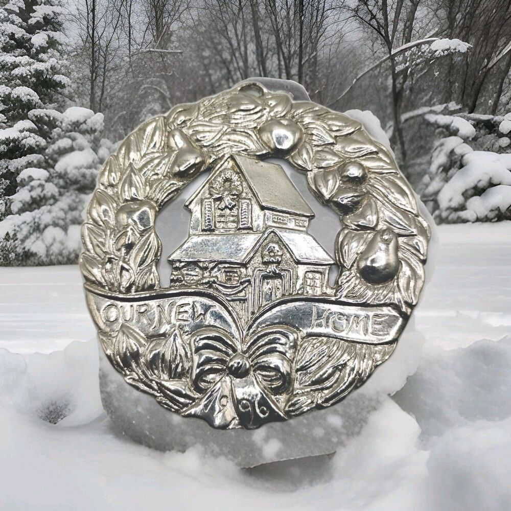 Gorham "Our New Home" 1996 Silver Plated Wreath Christmas Ornament Dual Sided